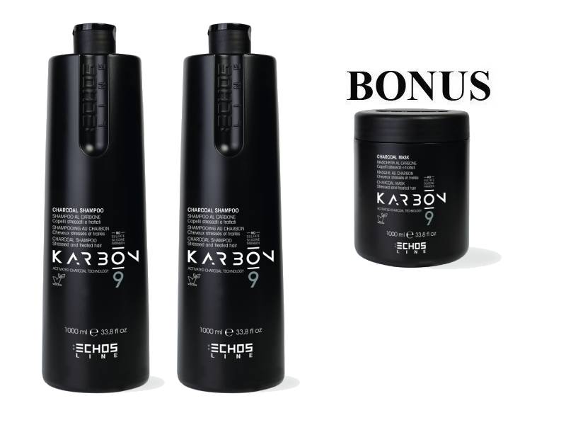 AKCIA: 2x Echosline Karbon 9 Shampoo - šampón s aktívnym uhlím pre poškodené a chemicky ošetrené vlasy, 1000 ml + Karbon 9 Mask, 1000 ml